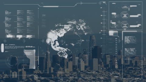 Futuristic Data Interface Overlay on Urban Skyline