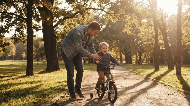 Father guiding toddler riding bike on park path during golden hour