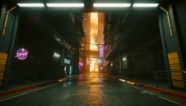 Neon-lit wet alleyway leading to fiery skyline in futuristic cyberpunk metropolis