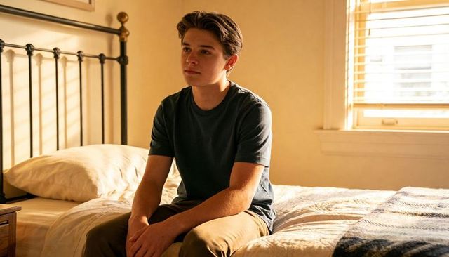 Teen boy sitting on bed watching sunlight through window in quiet morning bedroom