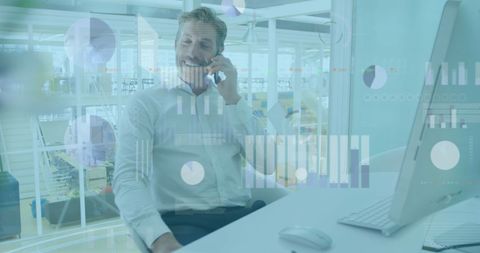 Businessman Engaged in Phone Call with Digital Data Overlay