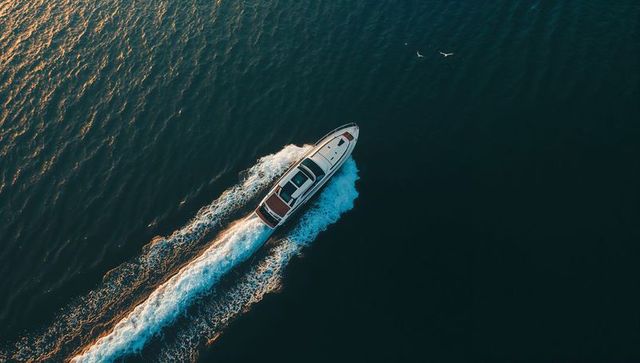 Aerial view luxury motor yacht cruising sunlit ocean leaving foamy wake and golden glints