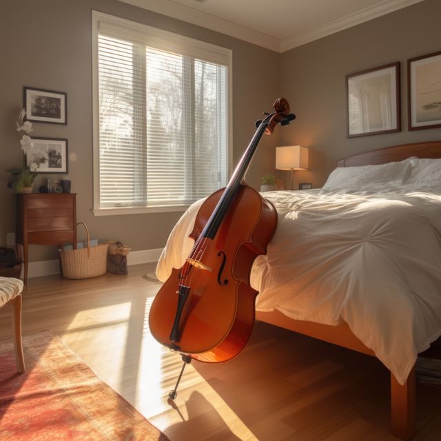 Warm and inviting cozy bedroom scene with sunlight streaming through blinds, bathing the room in soft, golden light. A cello rests against an elegant bed with white bedding, suggesting a peaceful and serene atmosphere. Useful for themes related to music, home decor, calmness, tranquility, and morning routines.