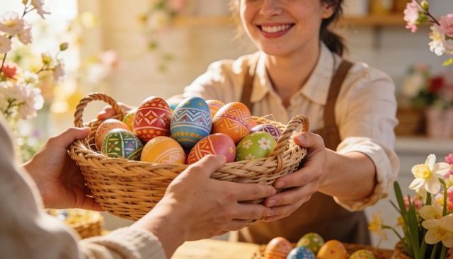 Smiling artisan handing wicker basket of colorful hand-painted easter eggs in sunlit room