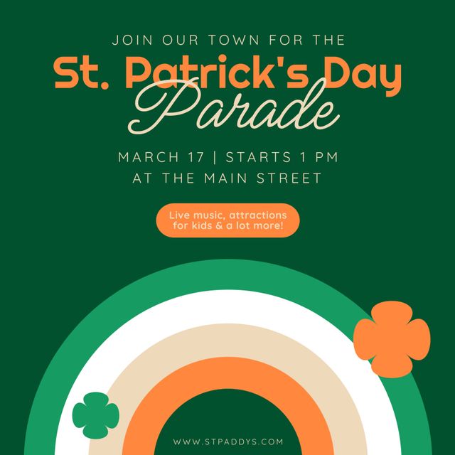 Image of st patrick's day parade text on green background. St patrick's day, irish tradition and celebration concept digitally generated image.