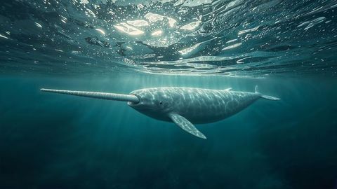 Majestic Narwhal with Spiral Tusk in Serene Ocean Expansive View