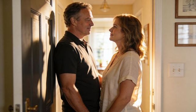 Mature couple sharing tender gaze in sunlit doorway, backlit warmth and domestic intimacy