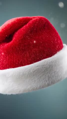 Rotating velvet Santa hat with drifting snow vertical video loop for holiday promotions