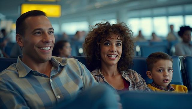 Family bonding in modern airport lounge