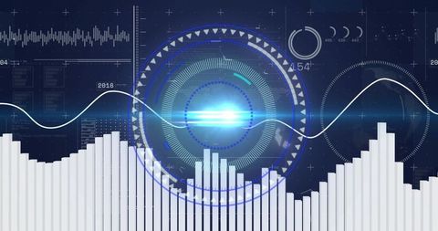 Pulsing hud with concentric rings and waveform overlaid on futuristic data dashboard