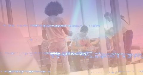 Creative team collaboration with digital distortion effect