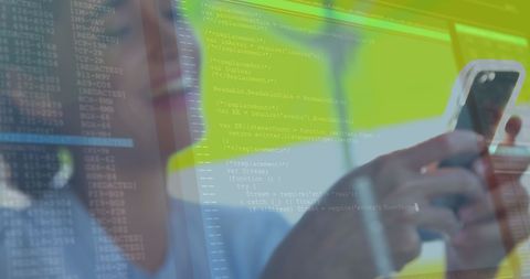 Woman Using Smartphone with Transparent Code Overlay - Download Free Stock Images Pikwizard.com
