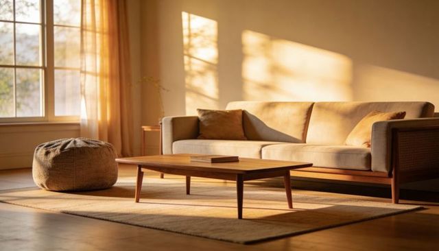 Sunlit midcentury living room with beige cane sofa, low wood coffee table and pouf