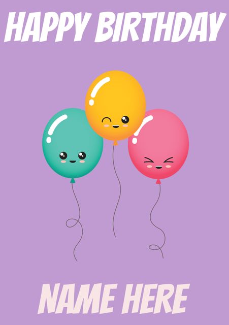 This adorable birthday card template features three cartoon balloons with playful expressions. Ideal for kids' birthdays and festive invitations. Customizable area allows adding personalized names. Perfect for creating joyful and fun birthday greetings or party invites.