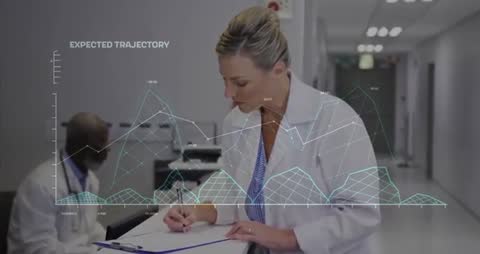 Female Doctor Analyzing Medical Data with Analytics Overlay in Hospital Corridor