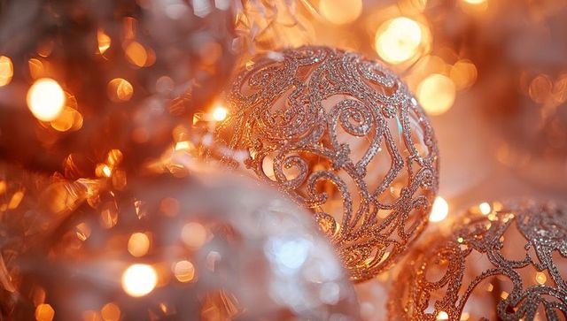 Rose-gold filigree bauble shimmering in warm holiday lights and tinsel glow