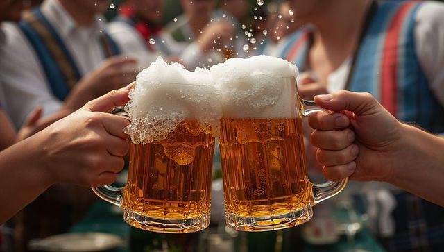 Celebratory Beer Toast Outdoors with Frothy Mugs and Lederhosen