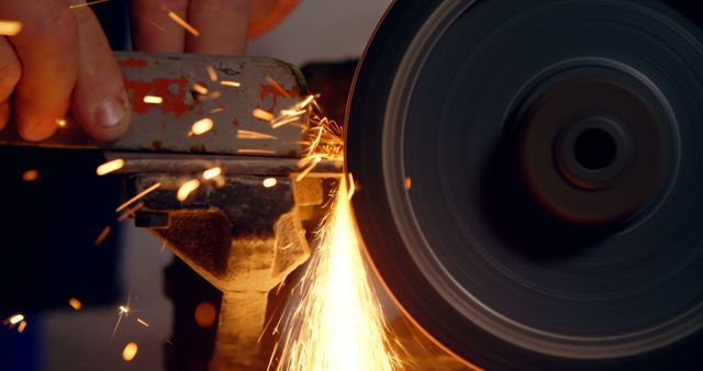 Worker Grinding Metal, Bright Sparks Flying, Industrial Workshop - Download Free Stock Images Pikwizard.com