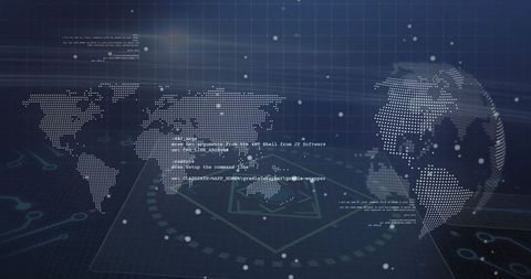 Futuristic digital world map with code snippets and data visualization