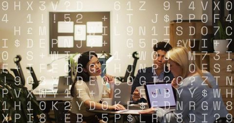 Team Collaborating on Data Presentation in Modern Office with Digital Data Overlay