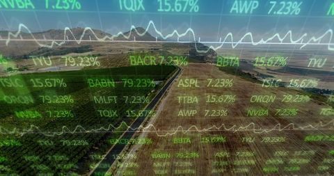 Rural farmland intertwined with economy: stock ticker reflects agricultural landscape