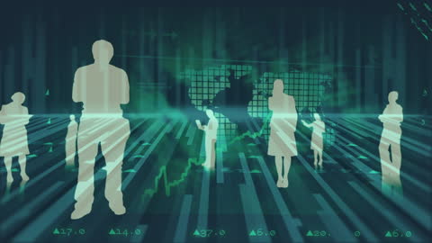 Digital Interface with Business Silhouettes Over World Map