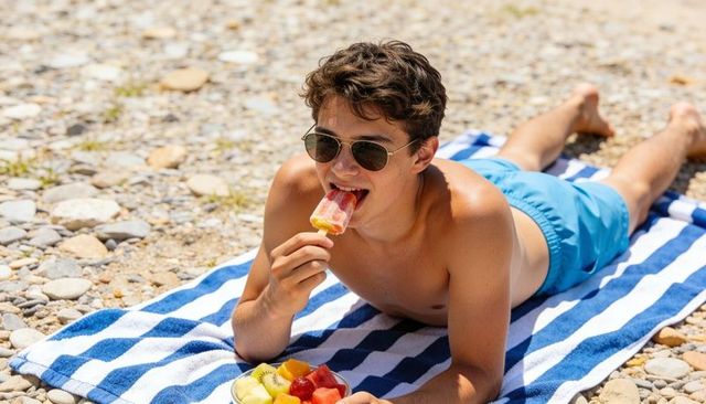 Teenager sunbathing on pebble beach enjoying two-tone popsicle and fresh summer fruit bowl
