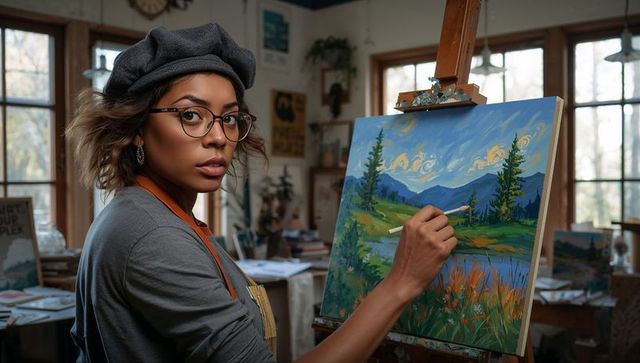 Female artist painting mountain pond on easel in sunlit atelier with beret and glasses