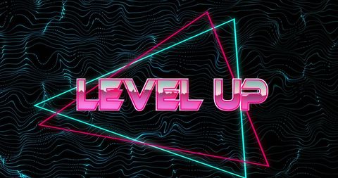 Futuristic Level Up Text with Neon Triangles