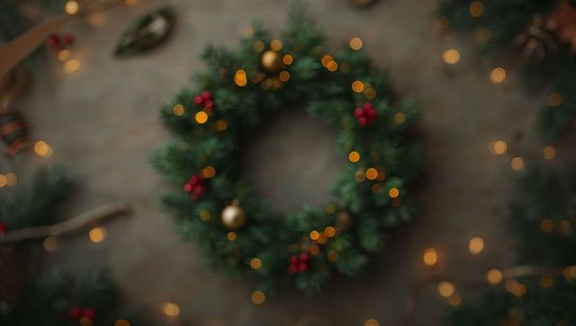 Rustic christmas wreath with evergreen sprigs, red berries and warm bokeh lights