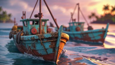 Vintage haiti fishing boats sailing at tropical sunset