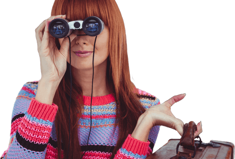 Smiling woman with binoculars in colorful sweater transparent background