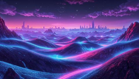 Neon-lit alien hills with glowing ribbons and futuristic skyline at twilight, cyberpunk