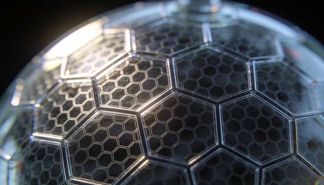 Translucent hexagonal orb refracting light with honeycomb lattice macro