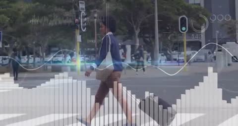 Businesswoman Walking with Data Visualization in Urban Setting