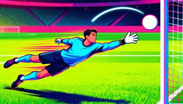 Neon soccer goalkeeper diving save in vibrant stadium illustration