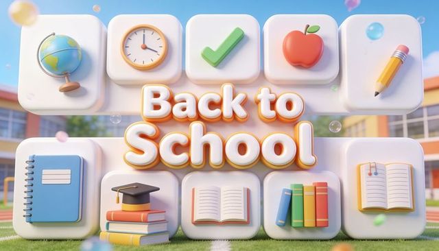 Playful 3d back to school banner featuring rounded tiles and colorful school icons