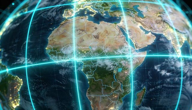 Orbiting earth over africa with neon grid and glowing city lights for mapping