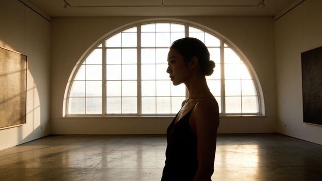 Silhouetted woman standing in sunlit art gallery by arched window, minimalist interior