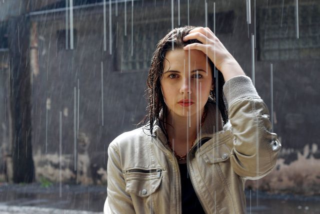 Young woman standing in heavy rainfall, hand in hair, looking serious. Ideal for themes on solitude, urban life, or weather-related concepts. Can be used in blogs, weather reports, or emotional storytelling contexts.