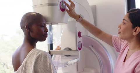 African-American Woman Receiving Mammogram While Female Tech Adjusts Mammography Machine