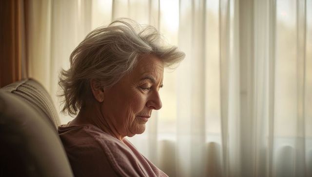 Contemplative senior woman gazing through sheer curtains at home, quiet reflective moment