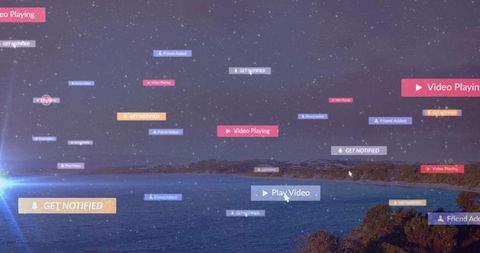 Floating ui notifications drifting over coastal night sky with play buttons and lens flare