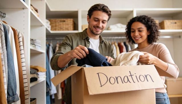 Couple donating sweaters from organized closet smiling while packing donation box