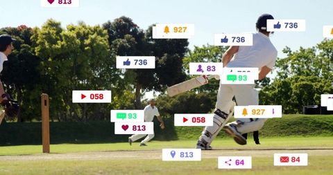 Cricket batsman swinging on sunny park pitch with social media notification overlays