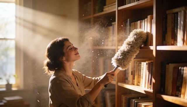 Woman dusting sunlit wooden bookshelves with fluffy duster in cozy home library