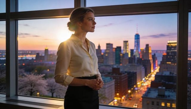 Executive woman gazing over city skyline at dusk from high-rise window with sunset glow