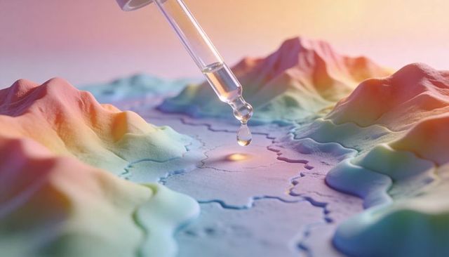 Glass pipette dropping clear droplet onto pastel topographic model with glowing pool