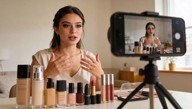 Beauty creator filming makeup tutorial with foundations, lipsticks and eyeshadow palette