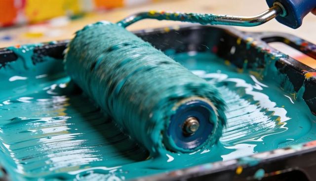 Rolling Teal Paint in Tray Showing Glossy Pigment, Textured Roller Nap, Closeup